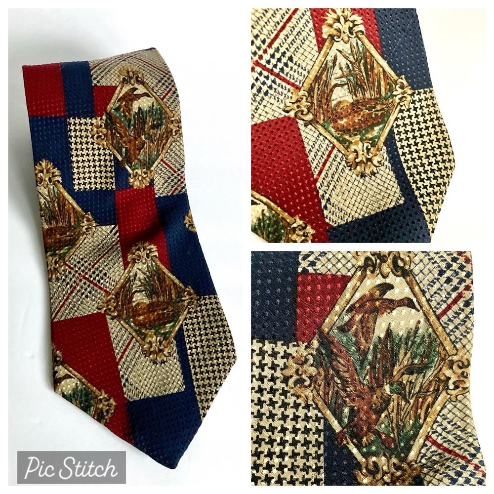 Vtg Cape Cod Neckwear Mens Silk Tie Duck Hunter Houndstooth Geo Sporting Nature